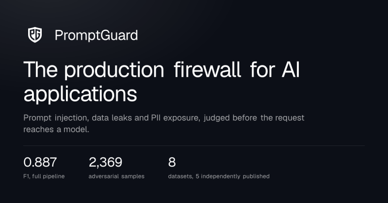 PromptGuard homepage screenshot, coding AI tool