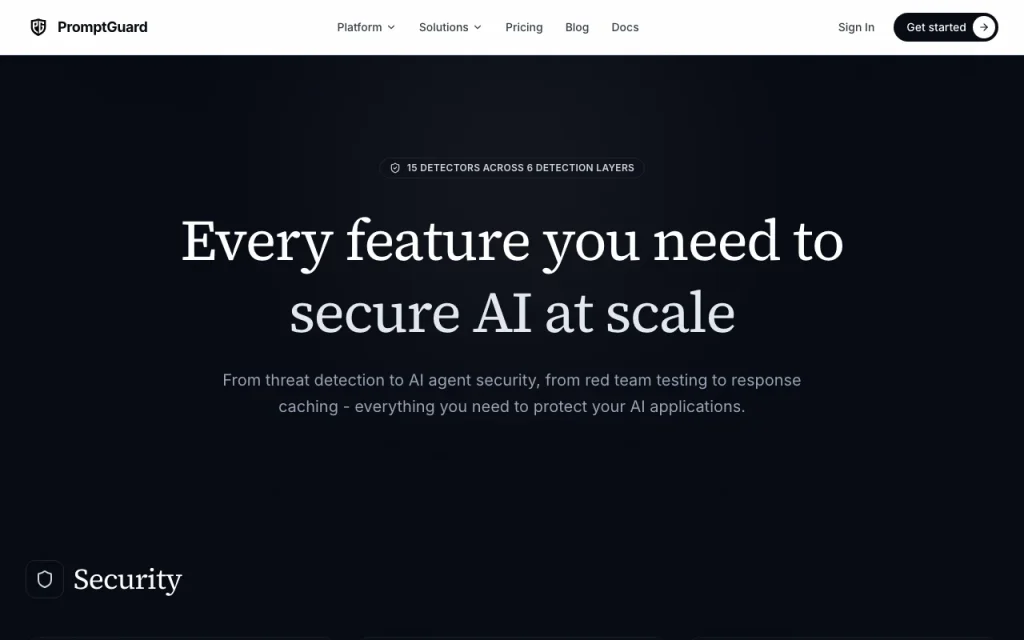 PromptGuard página de funciones — captura de pantalla de la herramienta de IA programación, Oct 2, 2026