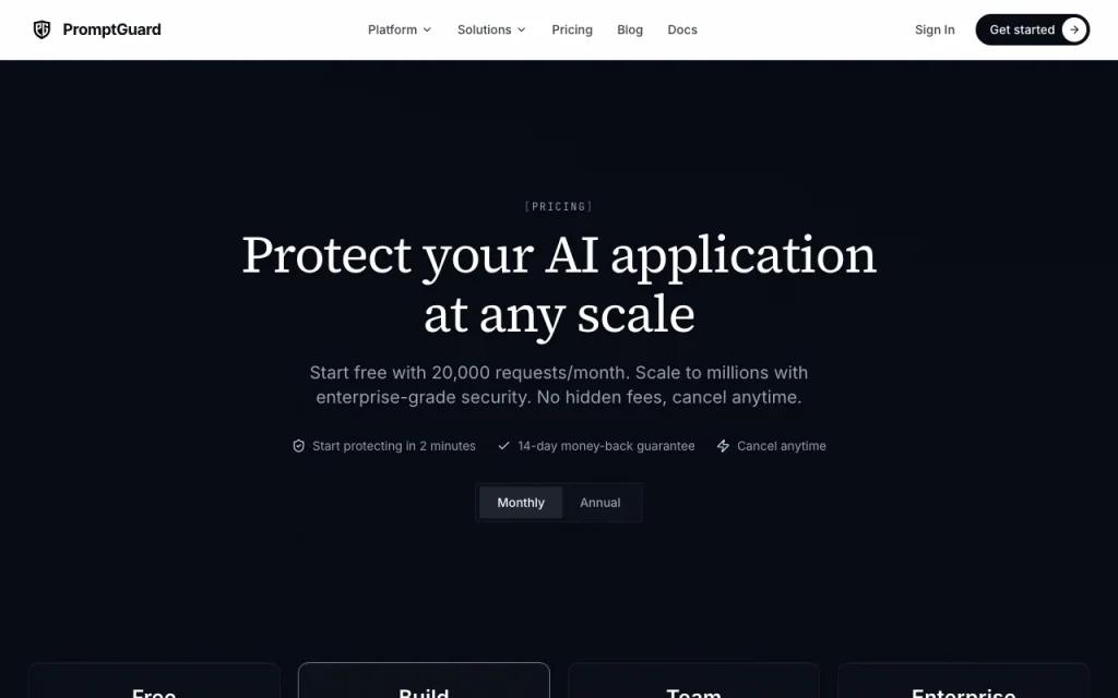 PromptGuard pricing page with plans and prices — screenshot of the coding AI tool, Oct 2, 2026