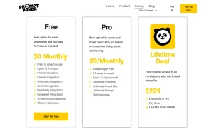 PromptPanda pricing page with plans and prices — screenshot of the productivity & writing AI tool, 2026-10-02