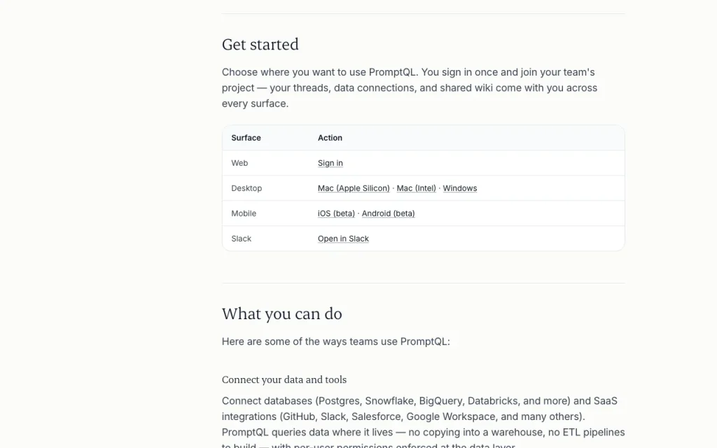 PromptQL documentation — screenshot of the productivity & writing AI tool, Oct 1, 2026