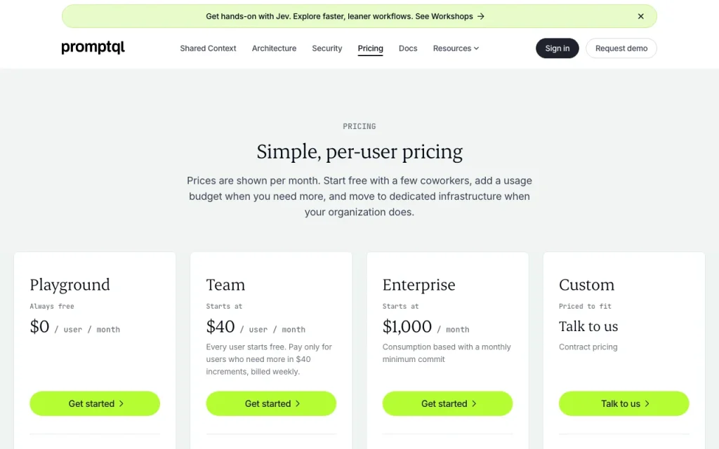 PromptQL pricing page with plans and prices — screenshot of the productivity & writing AI tool, Oct 1, 2026