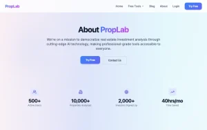 PropLab about page — screenshot of the productivity & writing AI tool, 2026-10-02