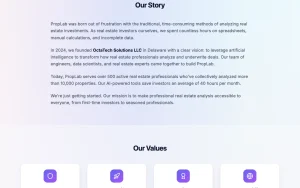 PropLab about page — screenshot of the productivity & writing AI tool, 2026-10-02
