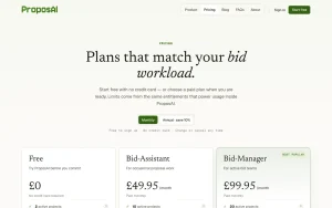 ProposAI pricing page with plans and prices — screenshot of the productivity & writing AI tool, 2026-10-02