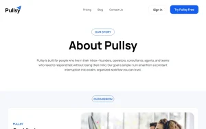 Pullsy about page — screenshot of the productivity & writing AI tool, 2026-10-02