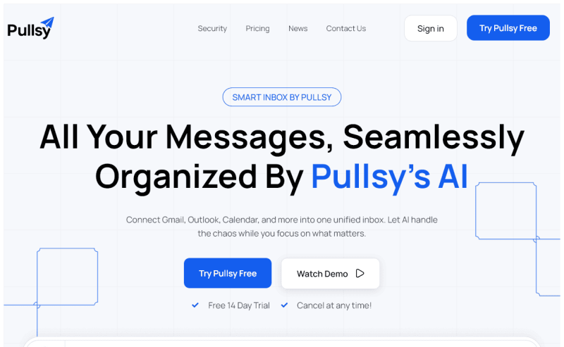 Pullsy Startseite, Screenshot, KI-Tool produktivität & schreiben