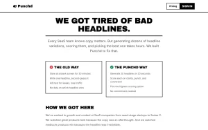 Punchd about page — screenshot of the productivity & writing AI tool, 2026-10-02