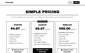 Punchd pricing page with plans and prices — screenshot of the productivity & writing AI tool, 2026-10-02