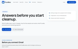 PureBox FAQ page — screenshot of the productivity & writing AI tool, 2026-10-02