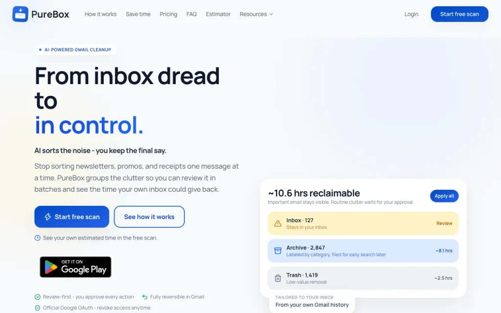 Captura de la página de inicio de PureBox, herramienta de IA productividad y escritura