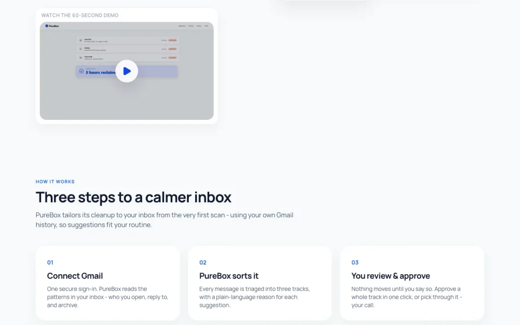 PureBox página principal — captura de pantalla de la herramienta de IA productividad y escritura, Oct 2, 2026