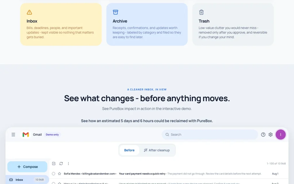 PureBox página principal — captura de pantalla de la herramienta de IA productividad y escritura, Oct 2, 2026