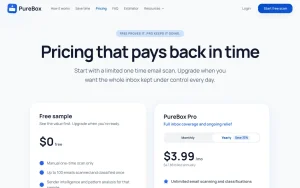 PureBox pricing page with plans and prices — screenshot of the productivity & writing AI tool, 2026-10-02