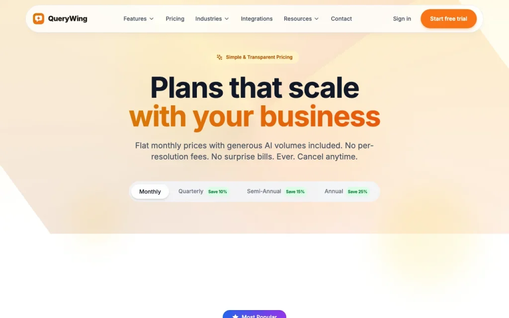 QueryWing pricing page with plans and prices — screenshot of the chat assistants AI tool, Oct 1, 2026