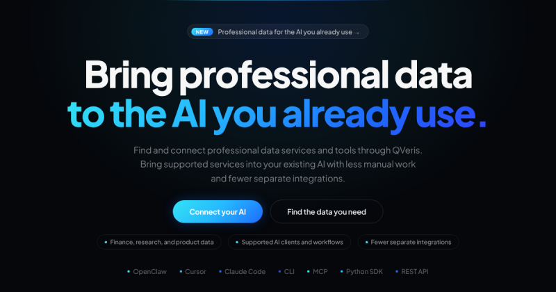QVeris AI homepage screenshot, research & search AI tool