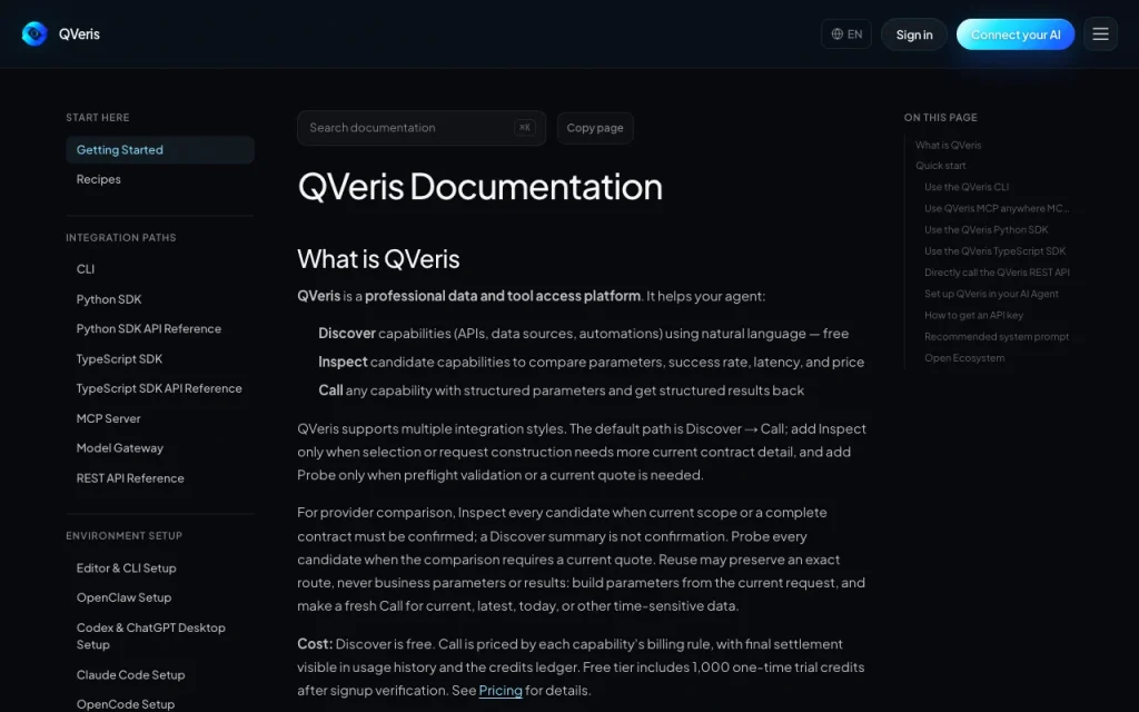 QVeris AI documentation — screenshot of the research & search AI tool, Oct 2, 2026