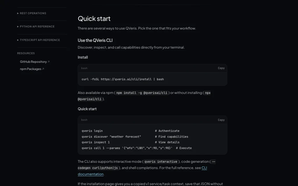 QVeris AI documentation — screenshot of the research & search AI tool, Oct 2, 2026