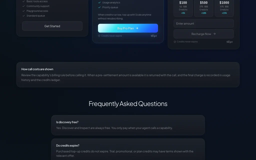 QVeris AI page de tarifs avec offres et prix — capture d'écran de l'outil d'IA recherche, Oct 2, 2026