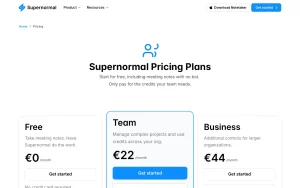 Supernormal pricing page with plans and prices — screenshot of the productivity & writing AI tool, 2026-10-02