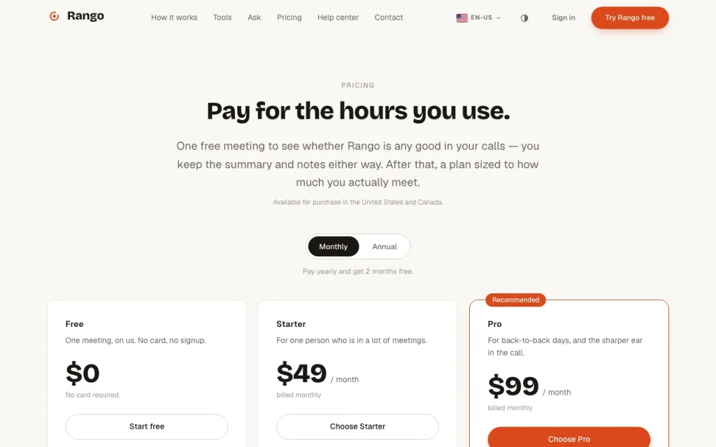Rango page de tarifs avec offres et prix — capture d'écran de l'outil d'IA productivité et rédaction, Oct 2, 2026
