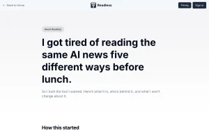 Readless about page — screenshot of the productivity & writing AI tool, 2026-10-02