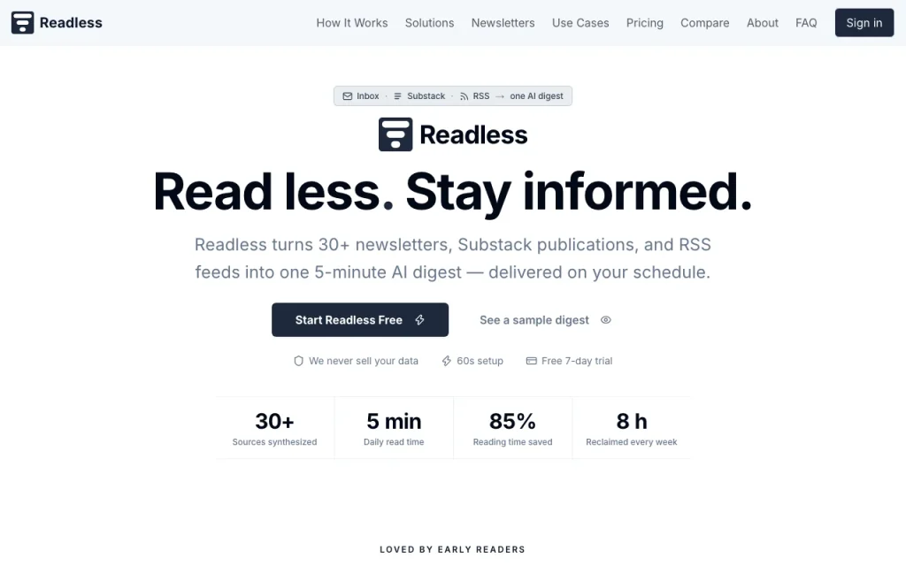 Readless homepage — screenshot of the productivity & writing AI tool, Oct 2, 2026