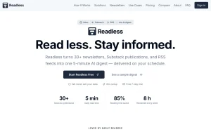 Readless homepage — screenshot of the productivity & writing AI tool, 2026-10-02