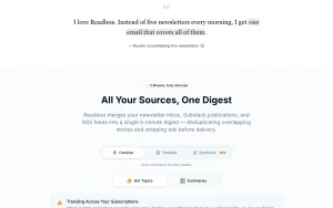 Readless homepage — screenshot of the productivity & writing AI tool, 2026-10-02