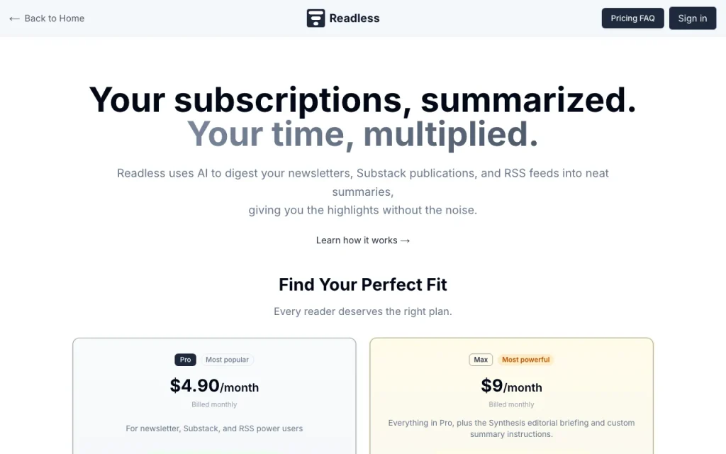 Readless page de tarifs avec offres et prix — capture d'écran de l'outil d'IA productivité et rédaction, Oct 2, 2026