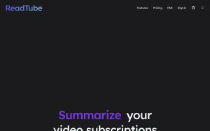 ReadTube homepage — screenshot of the research & search AI tool, 2026-10-02