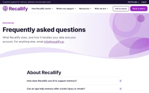 Recallify FAQ page — screenshot of the productivity & writing AI tool, 2026-10-02