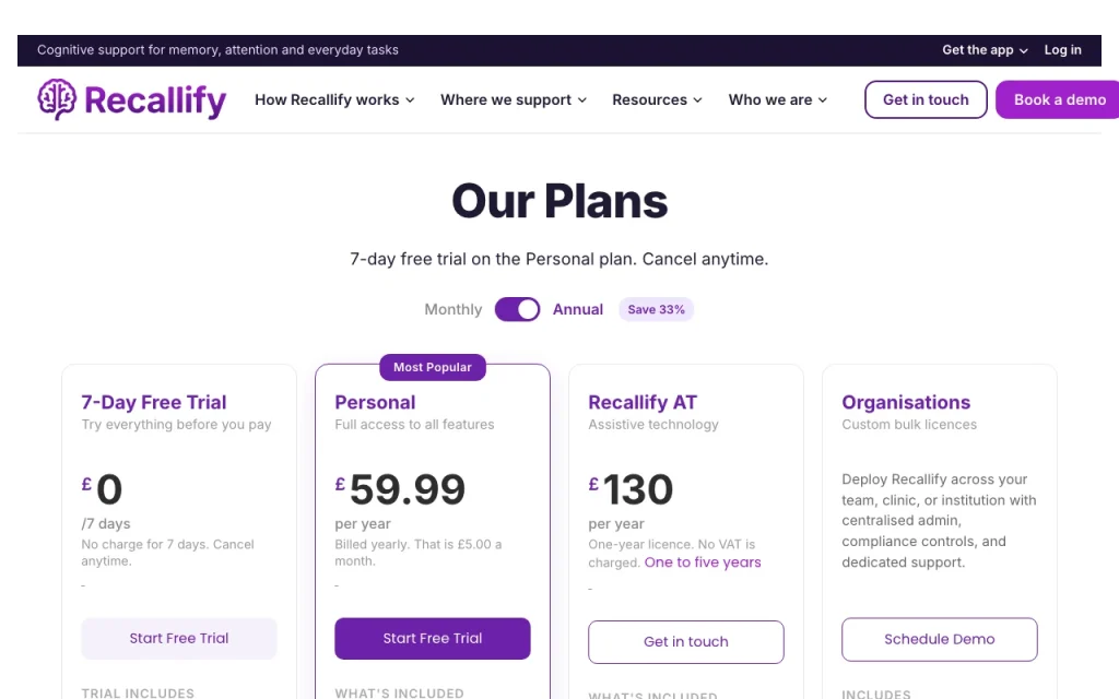 Recallify page de tarifs avec offres et prix — capture d'écran de l'outil d'IA productivité et rédaction, Oct 2, 2026