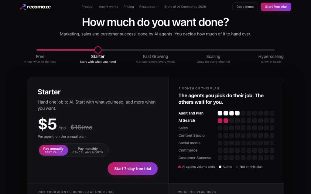 Recomaze página de precios con planes y precios — captura de pantalla de la herramienta de IA productividad y escritura, Oct 2, 2026