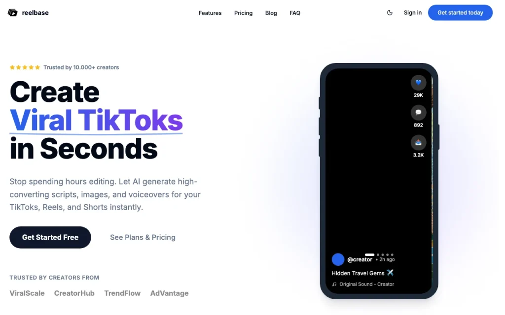 Reelbase Startseite – Screenshot des KI-Tools video, Oct 2, 2026