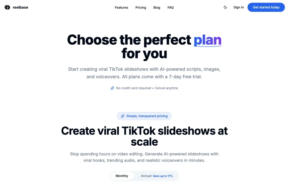 Reelbase pricing page with plans and prices — screenshot of the video AI tool, Oct 2, 2026