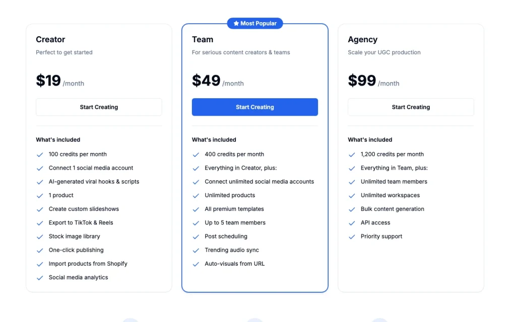 Reelbase pricing page with plans and prices — screenshot of the video AI tool, Oct 2, 2026