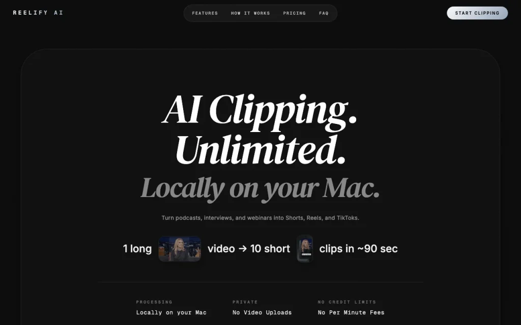 Reelify AI page d'accueil — capture d'écran de l'outil d'IA vidéo, Oct 2, 2026