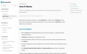 RenameClick documentation — screenshot of the productivity & writing AI tool, 2026-10-02