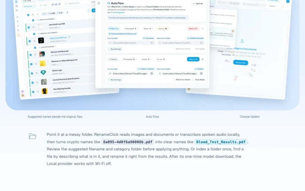 RenameClick página principal — captura de pantalla de la herramienta de IA productividad y escritura, Oct 2, 2026