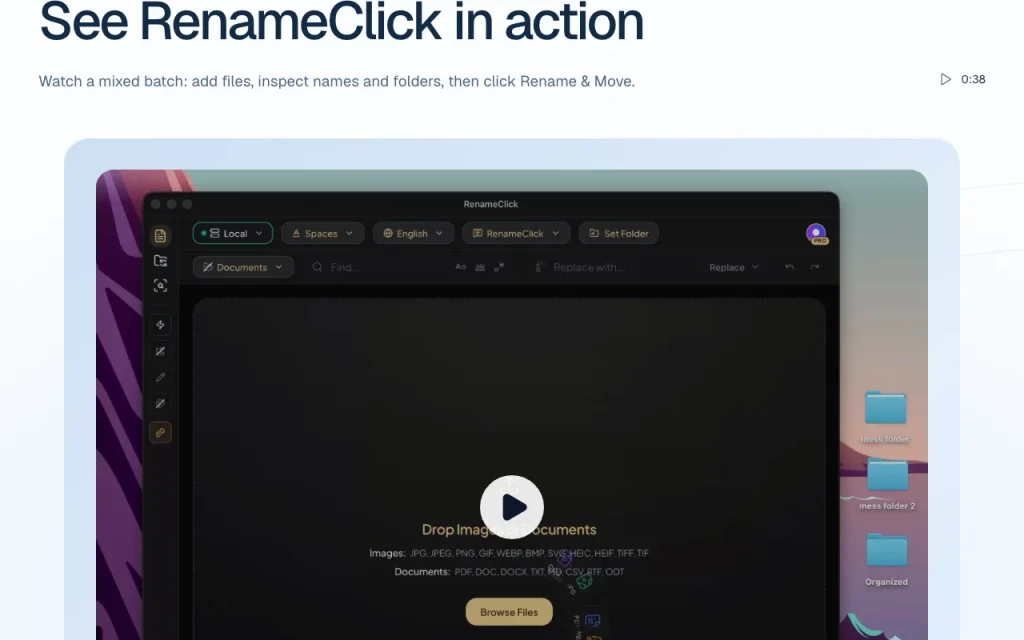 RenameClick página principal — captura de pantalla de la herramienta de IA productividad y escritura, Oct 2, 2026