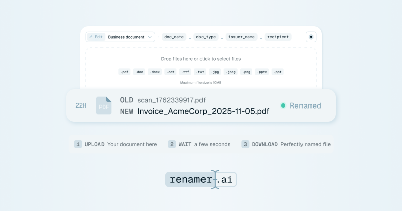 Renamer.ai captura de tela da página inicial, ferramenta de IA produtividade & escrita