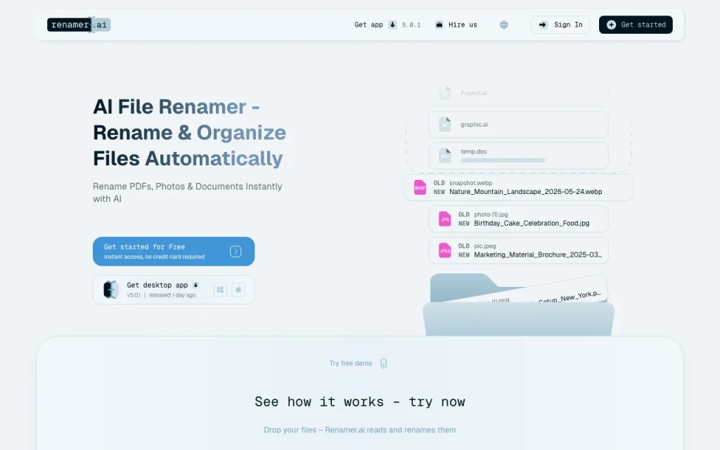 Renamer.ai homepage — screenshot of the productivity & writing AI tool, Oct 1, 2026