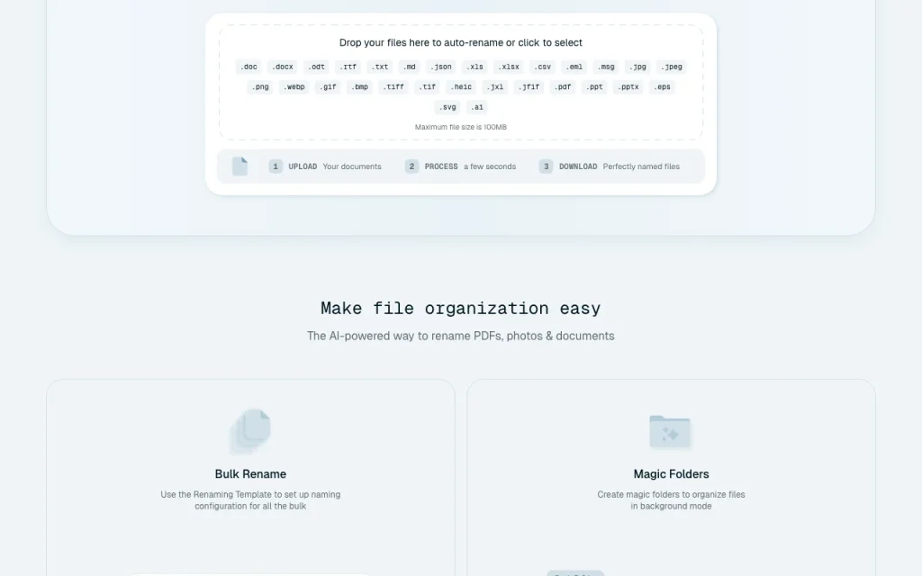Renamer.ai page d'accueil — capture d'écran de l'outil d'IA productivité et rédaction, Oct 1, 2026