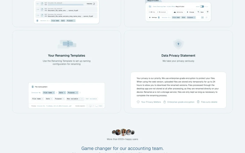 Renamer.ai page d'accueil — capture d'écran de l'outil d'IA productivité et rédaction, Oct 1, 2026