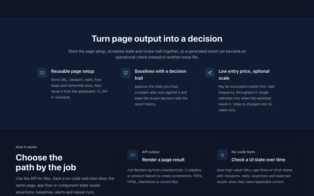 RenderLog page d'accueil — capture d'écran de l'outil d'IA productivité et rédaction, Oct 1, 2026