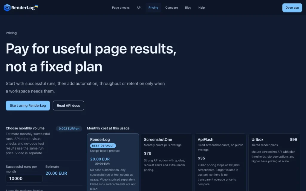 RenderLog page de tarifs avec offres et prix — capture d'écran de l'outil d'IA productivité et rédaction, Oct 1, 2026