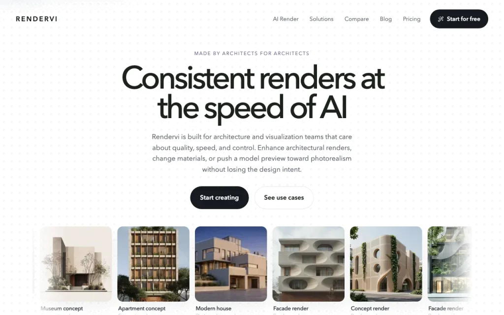 Rendervi homepage — screenshot of the image generation AI tool, Oct 1, 2026