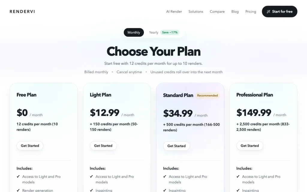 Rendervi pricing page with plans and prices — screenshot of the image generation AI tool, Oct 1, 2026