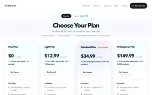 Rendervi pricing page with plans and prices — screenshot of the image generation AI tool, 2026-10-01